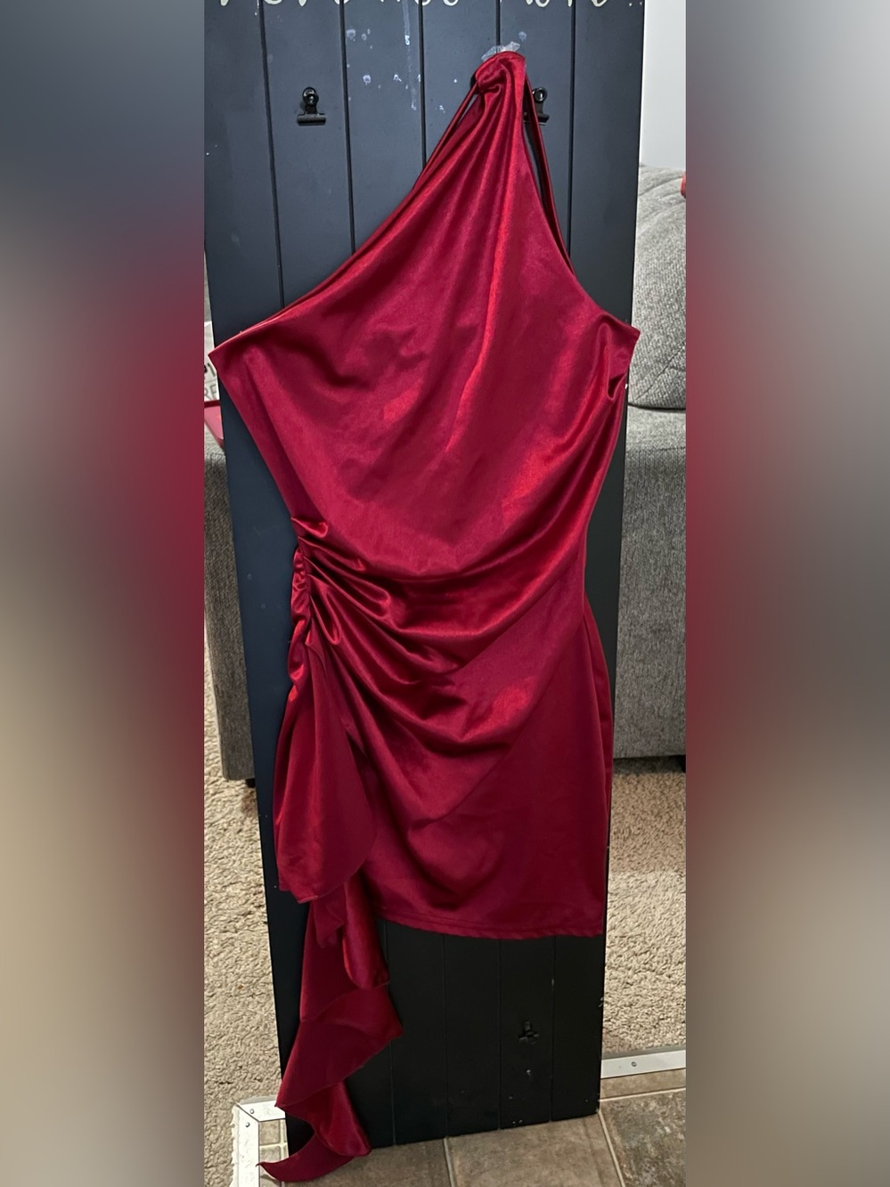Asymmetric One-Shoulder Ruched Dress in Burgundy